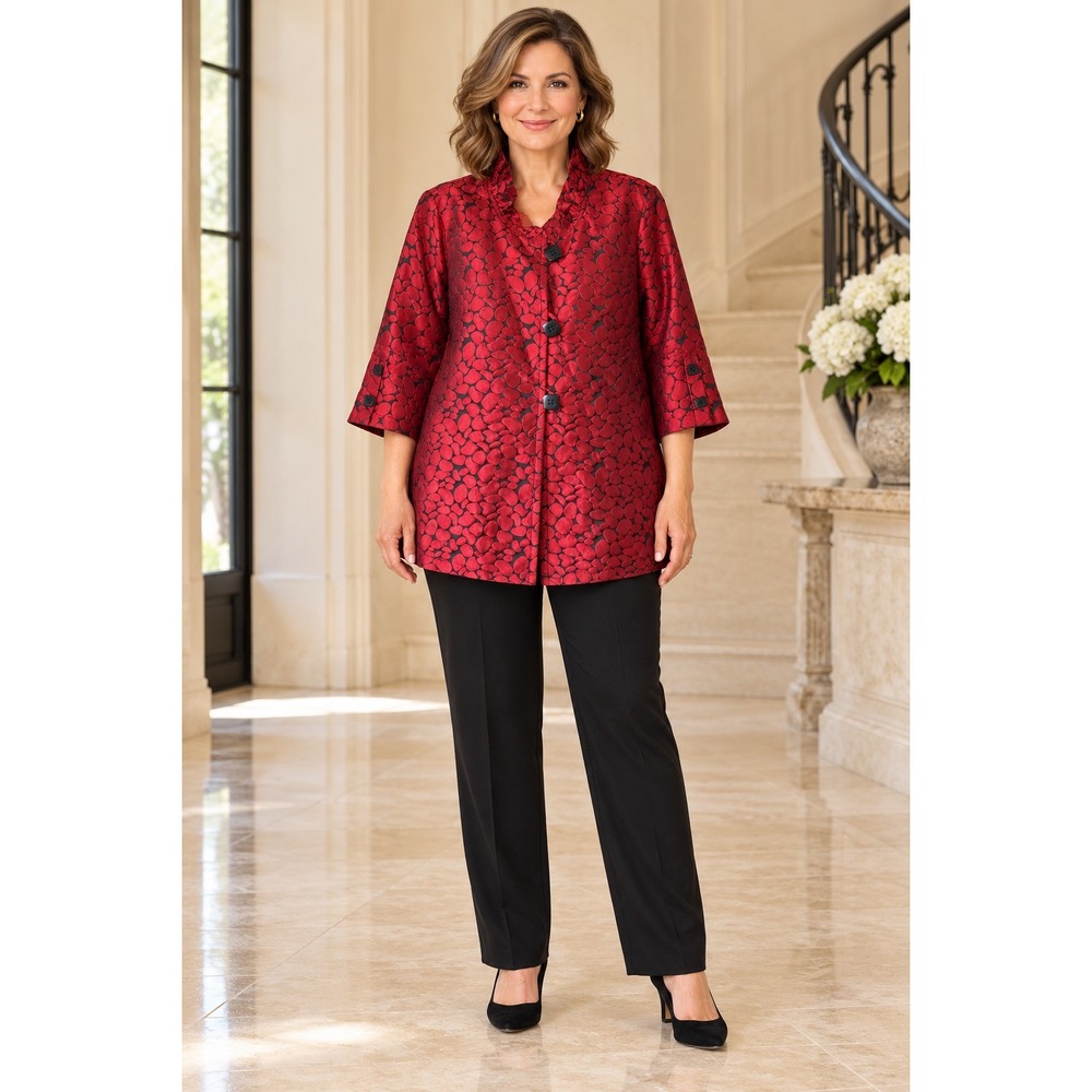 Ali Miles Red Black Pebble Jacquard Jacket Ruffle Collar XL 0103